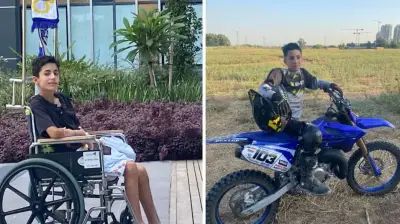 Young patient in a wheelchair and later riding a dirt bike, showing recovery progress